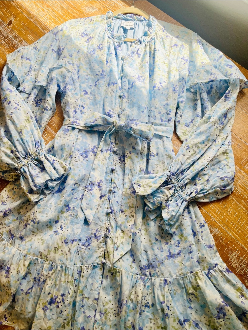 & Other Stories Light Blue Floral Ruffled tie waist dress